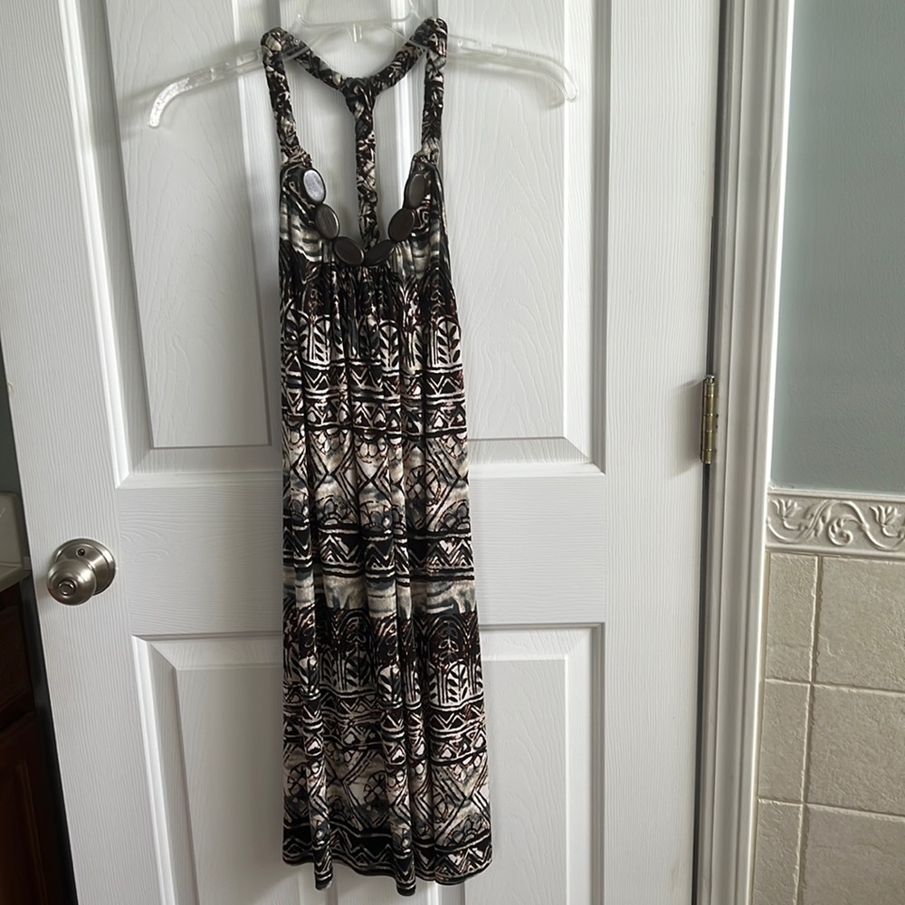 Brown tribal print tank dress with wooden neck accents